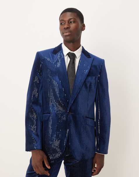 ASOS DESIGN slim suit jacket in velvet sequin in navy - view 1