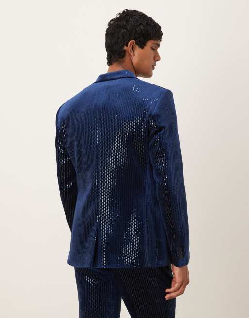 ASOS DESIGN slim suit jacket in velvet sequin in navy, 3 of 5