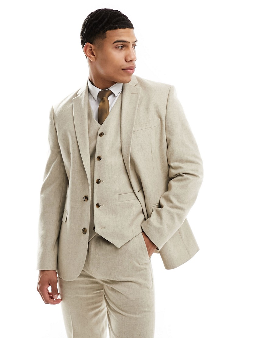 Asos Design Slim Suit Jacket In Wool Mix Texture In Beige-neutral