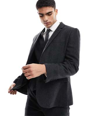 Asos Design Slim Suit Jacket In Wool Mix Texture In Black