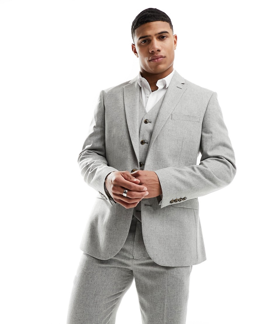 Asos Design Slim Suit Jacket In Wool Mix Texture In Light Gray