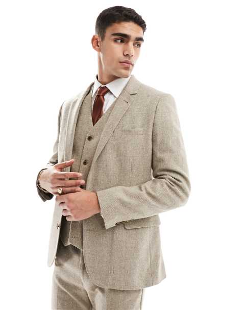 ASOS DESIGN slim suit jacket in wool mix texture in neutral - view 1