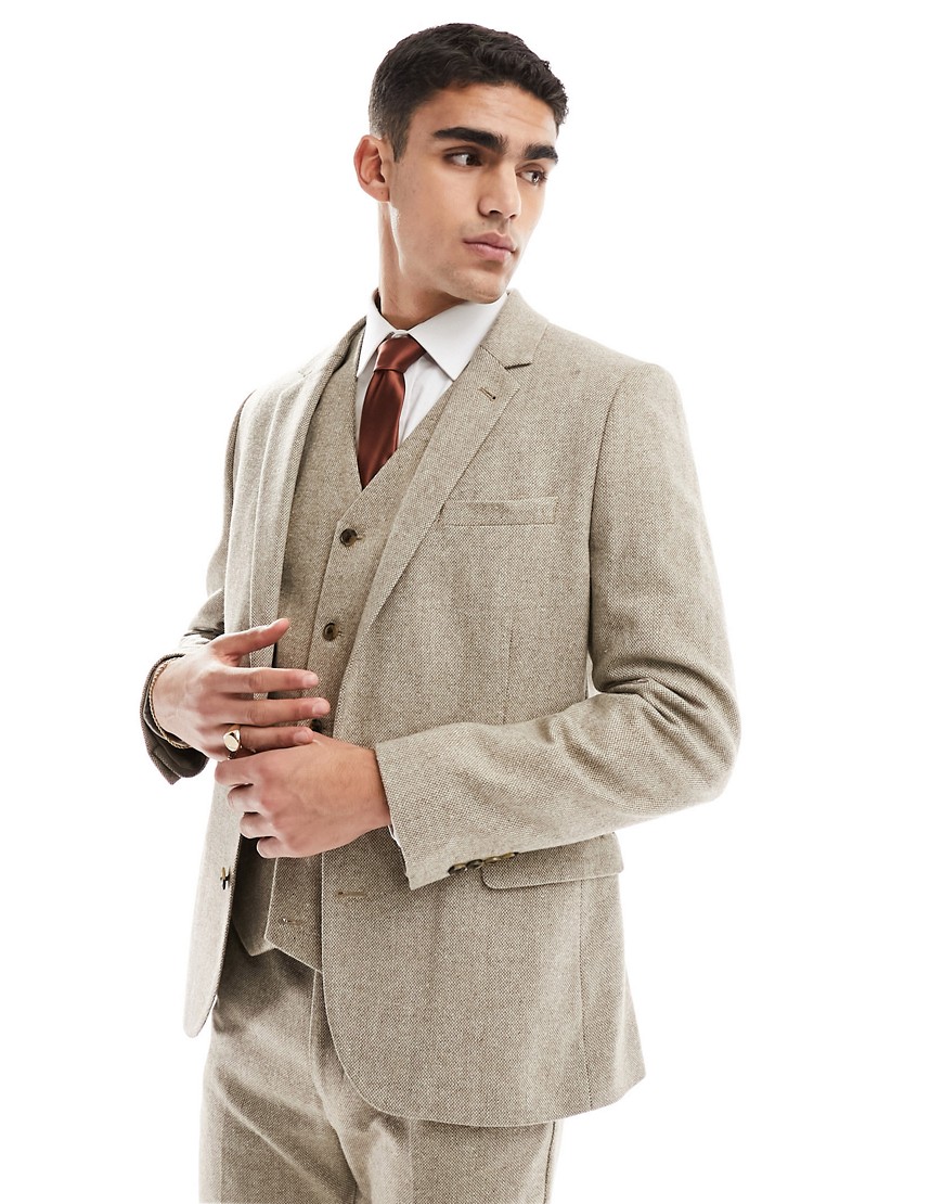 ASOS DESIGN slim suit jacket in wool mix texture in neutral