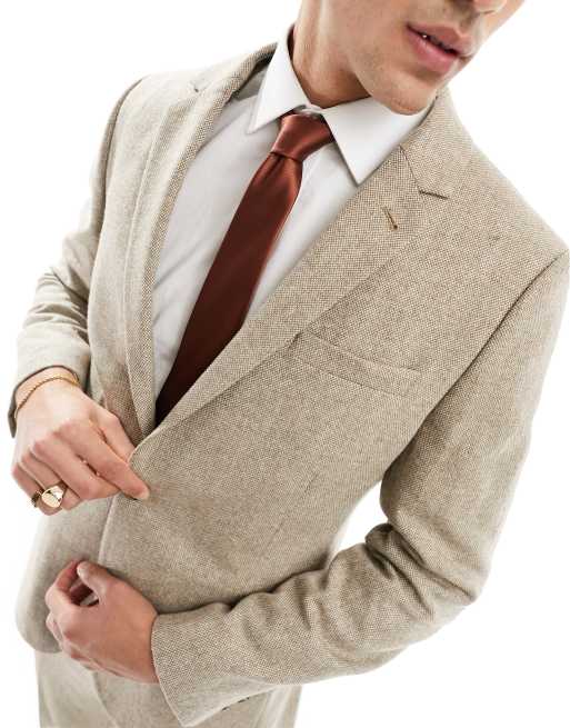 ASOS DESIGN slim suit jacket in wool mix texture in neutral, 3 of 5