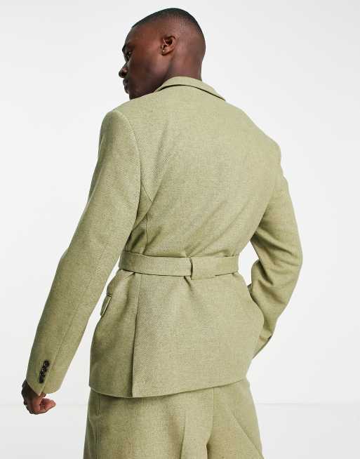 ASOS DESIGN slim suit jacket with covered belt in sage