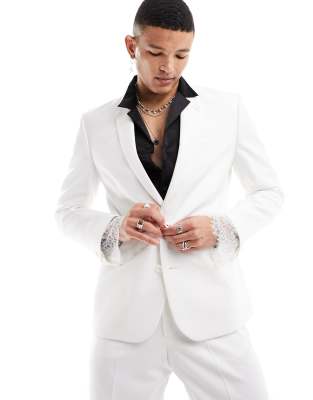 Asos Design Slim Suit Jacket With Lace Trim In White In White