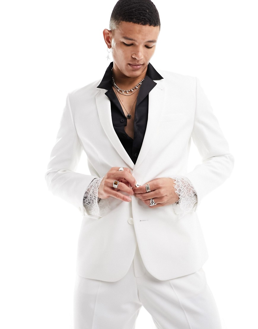ASOS DESIGN slim suit jacket with lace trim in white