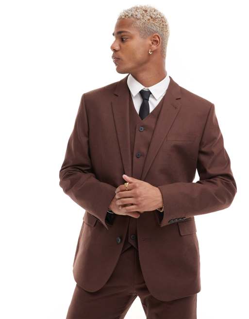 ASOS DESIGN slim suit jacket with linen in brown