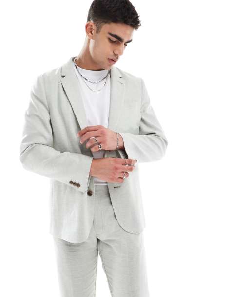 ASOS DESIGN slim suit jacket with linen in light green herringbone - view 1