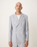[ASOS DESIGN] ASOS DESIGN slim suit jacket with linen look in blue pinstripe Chest 36 Regular Grey blue