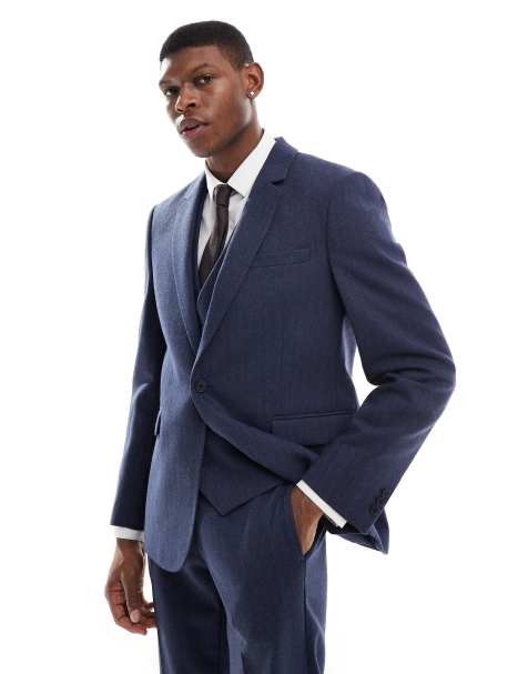 ASOS DESIGN slim suit jacket with wool in blue herringbone - view 1