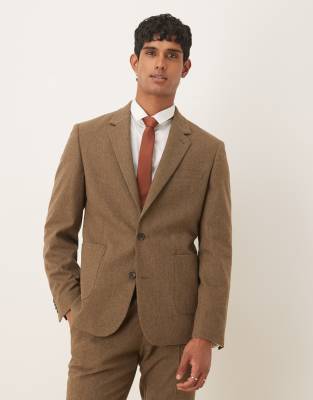 Asos Design Slim Suit Jacket With Wool In Brown