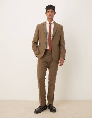 Asos Design Slim Suit Jacket With Wool In Brown