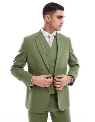 slim suit jacket with wool in dark green herringbone