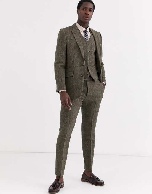 ASOS DESIGN slim suit pants in 100% wool Harris Tweed in brown herringbone