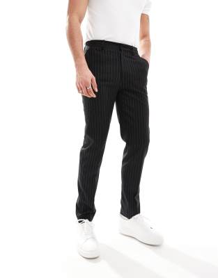 Designer Affordable Inexpensive Men's Classic Wool Pinstripe Black Suit Flat Front Pant main image 1