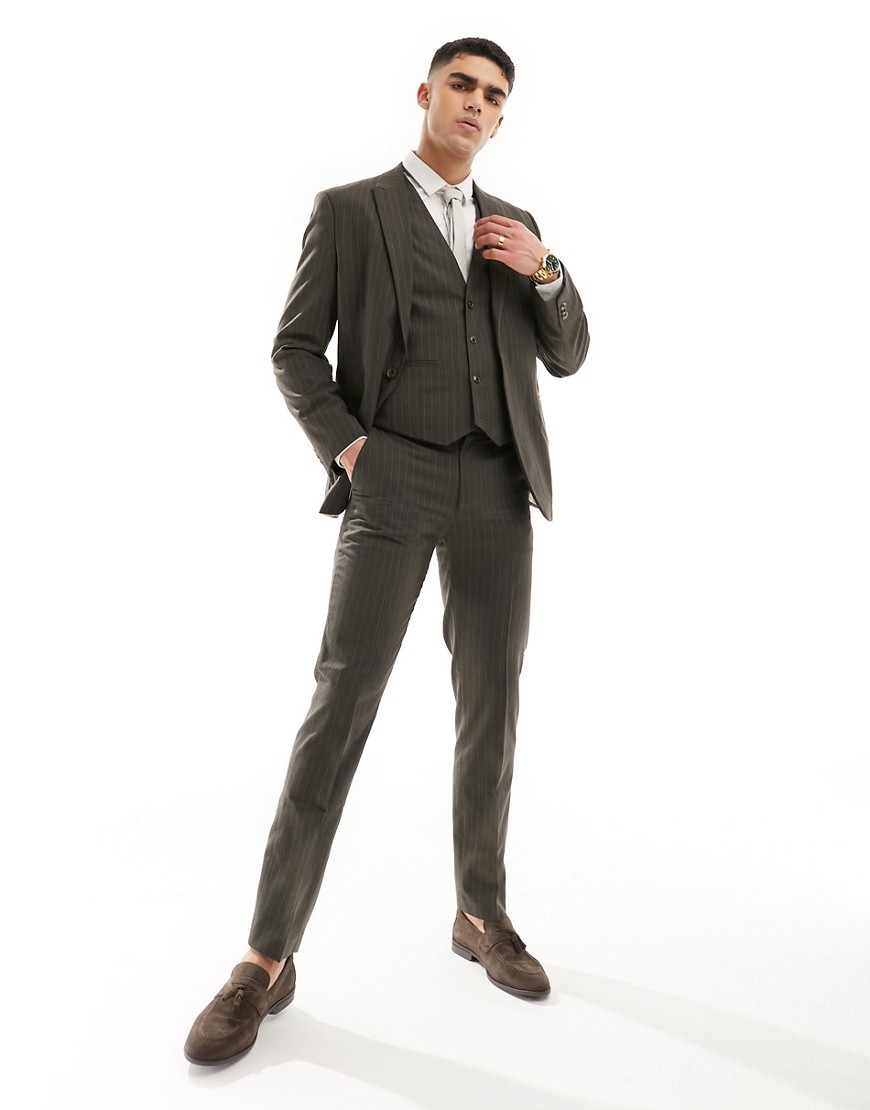 Shop Asos Design Slim Suit Pants In Brown Pinstripe