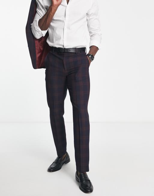 ASOS DESIGN slim suit pants in burgundy blackwatch tartan check