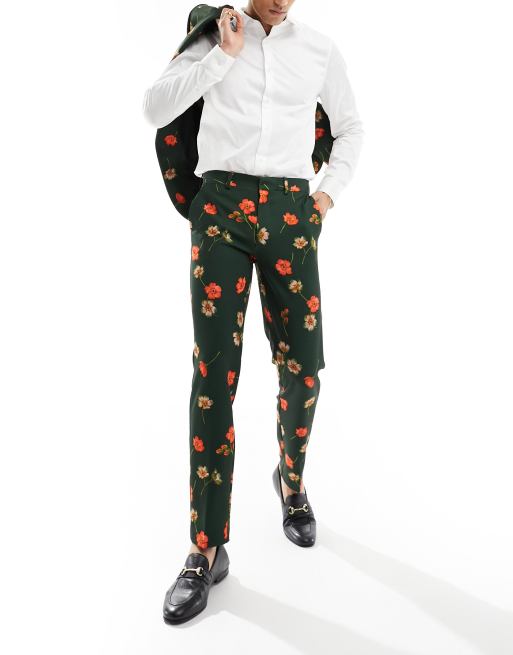 ASOS DESIGN slim suit pants in floral print in green