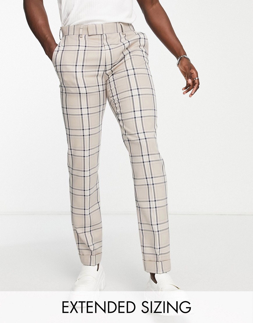 ASOS DESIGN slim suit pants in large highlight plaid in stone and light blue-Neutral