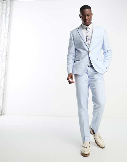 ASOS DESIGN slim suit pants in linen in puppytooth in blue