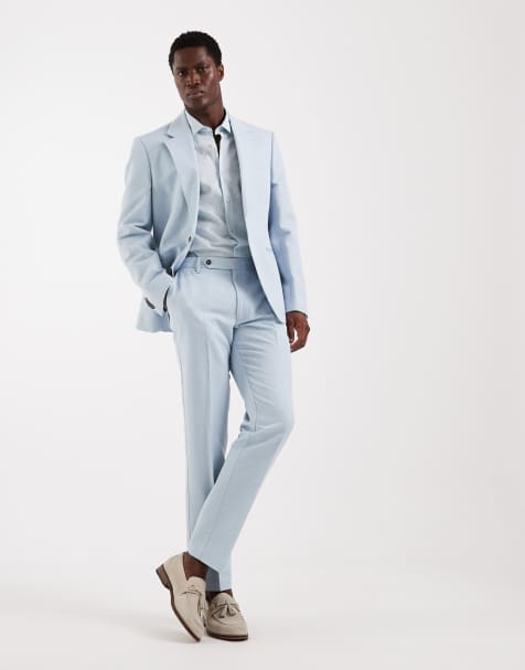 ASOS DESIGN slim suit pants in linen-rich light blue twill - view 1