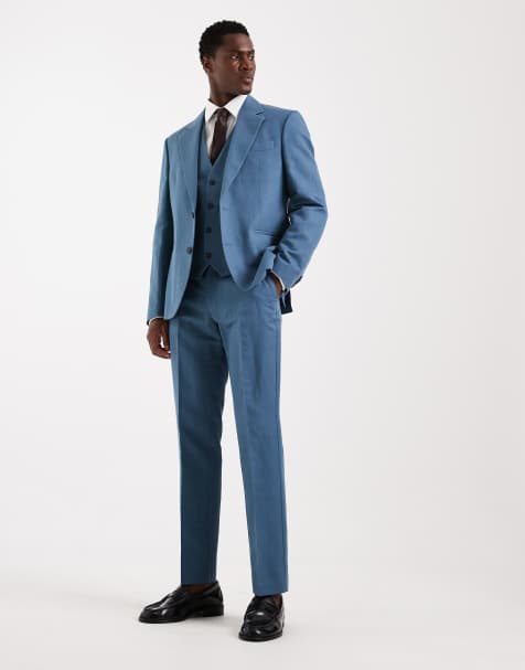ASOS DESIGN slim suit pants in linen rich mid blue twill - view 1