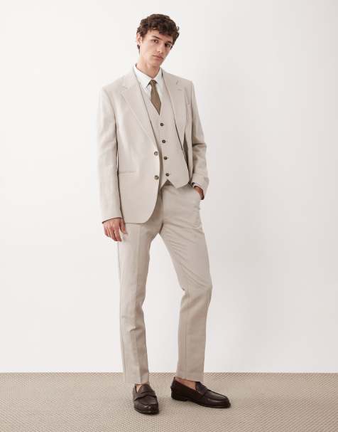 ASOS DESIGN slim suit pants in linen-rich stone twill - view 1