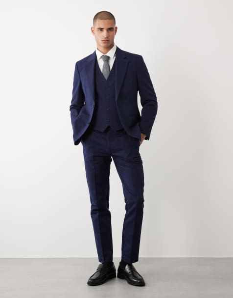 ASOS DESIGN slim suit trousers in navy linen rich twill