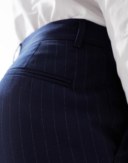 blue pinstripe dress pants ASOS Power Shoulder Maxi Dress With Bow Back And Peplum Hem In Navy Bl –  Reliked main image 0