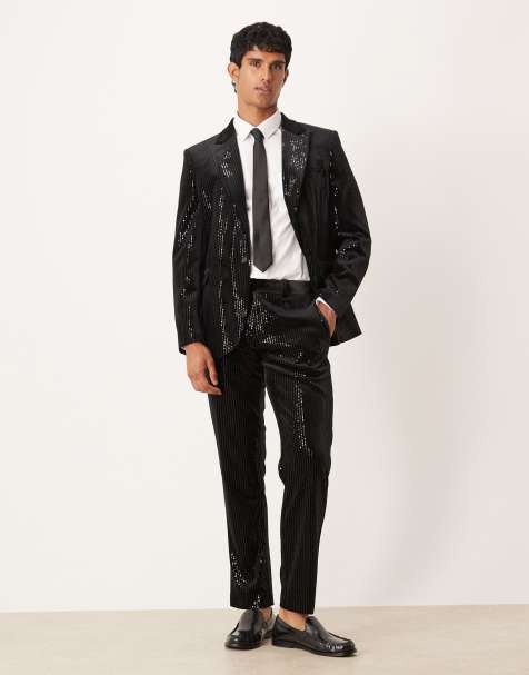 ASOS DESIGN slim suit pants in velvet sequin in black - view 1