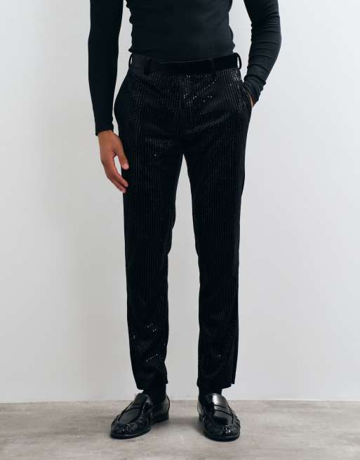 ASOS DESIGN slim suit pants in velvet sequin in black, 2 of 5