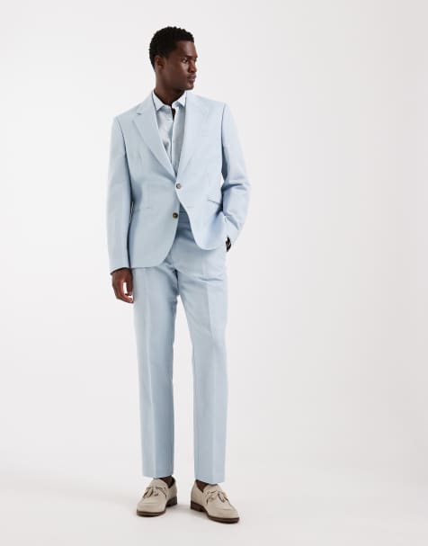 ASOS DESIGN slim suit set in linen rich light blue twill - view 1