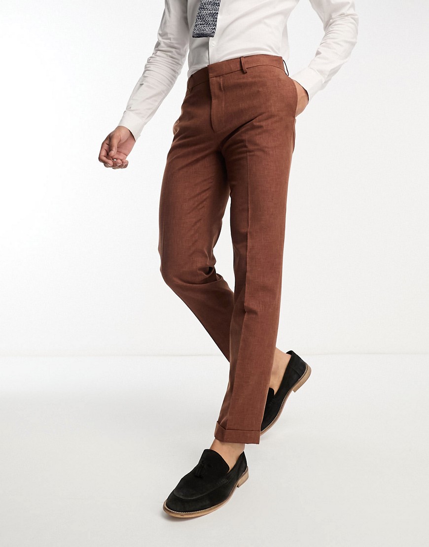 ASOS DESIGN slim suit trouser in chocolate slubby texture-Brown