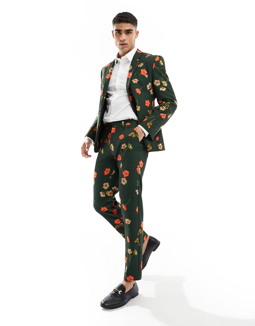 ASOS DESIGN slim suit trouser in floral print in green
