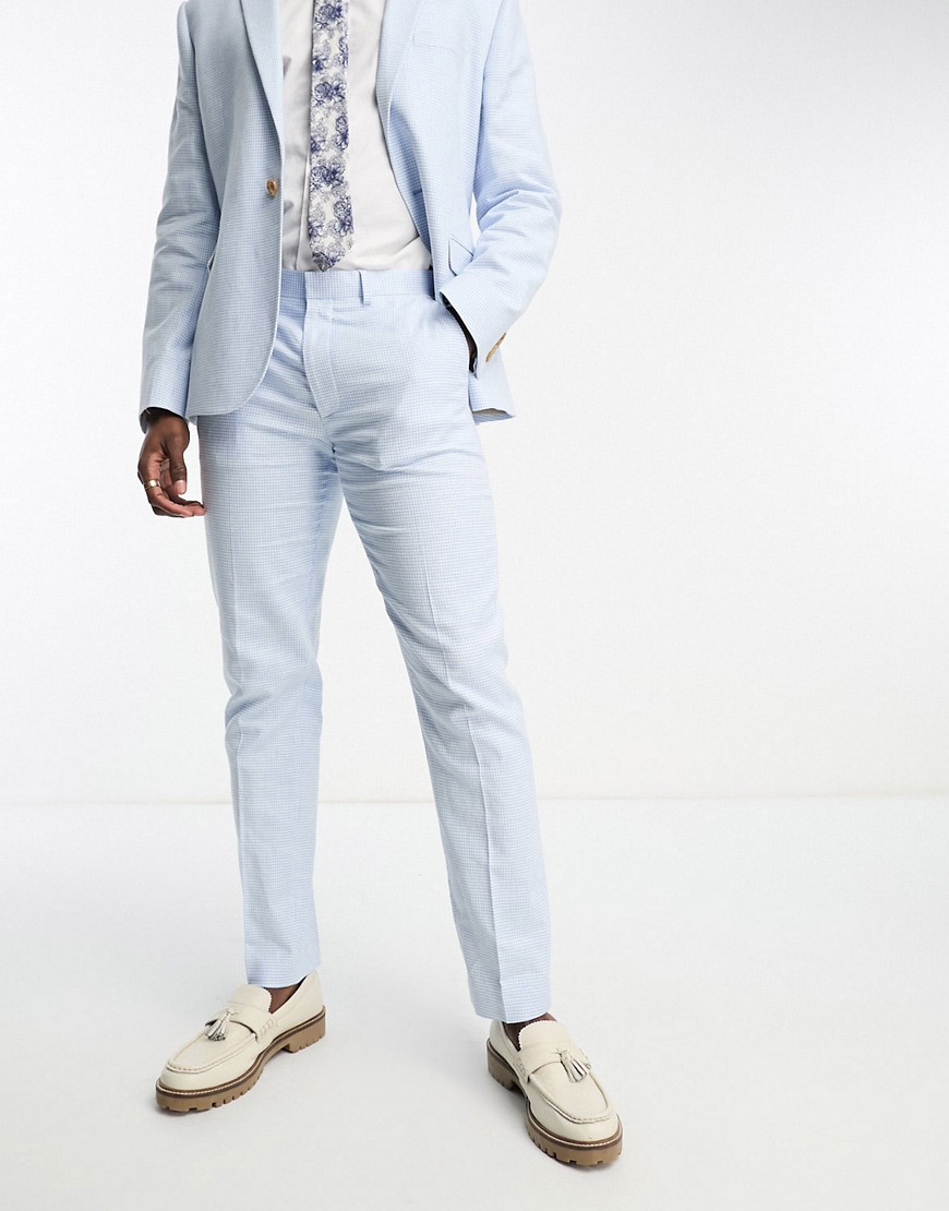 ASOS DESIGN slim suit trouser in linen in puppytooth in blue