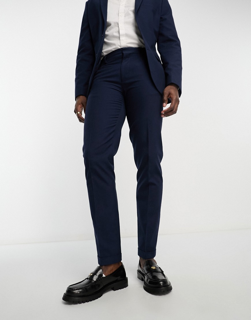 ASOS DESIGN slim suit trouser in navy slubby texture