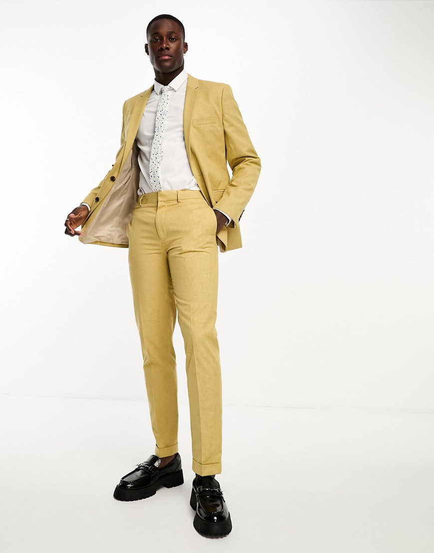 ASOS DESIGN slim suit trouser in stone slubby texture-Neutral