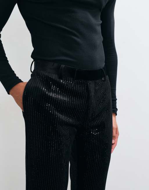 ASOS DESIGN slim suit trouser in velvet sequin in black, 4 of 5