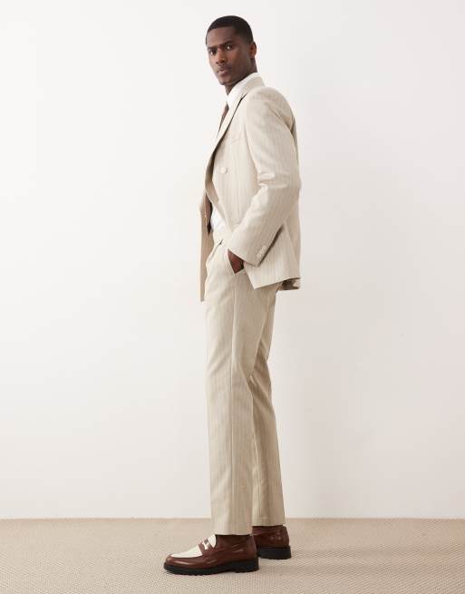 ASOS DESIGN slim suit trouser with linen in stone pinstripe, 3 of 5