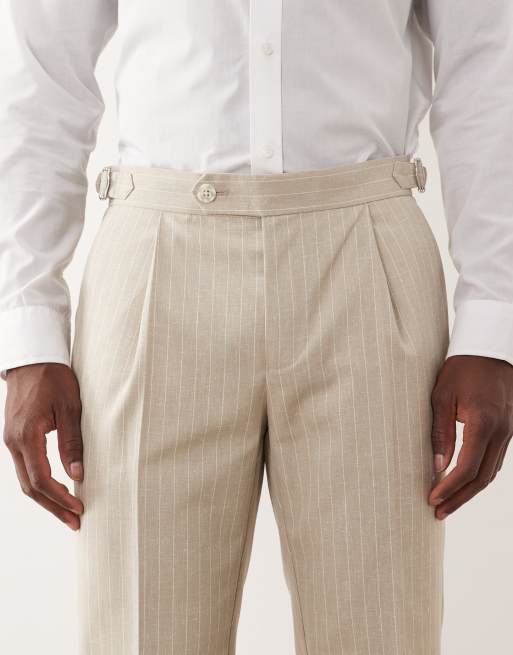 ASOS DESIGN slim suit trouser with linen in stone pinstripe, 4 of 5