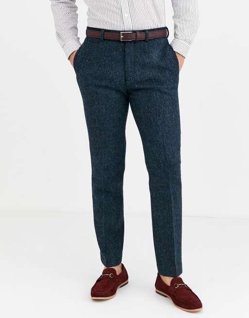 ASOS DESIGN slim suit in 100% wool Harris Tweed in blue herringbone, 3 of 4