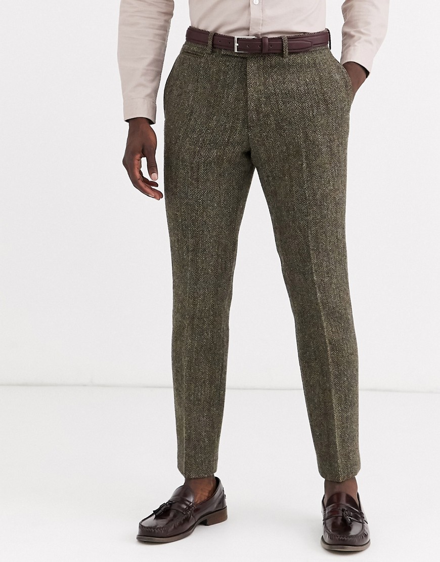 ASOS DESIGN slim suit trousers in 100% wool Harris Tweed in brown herringbone