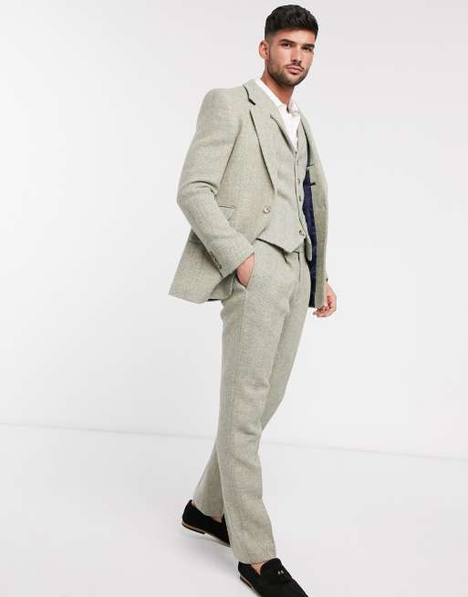 ASOS DESIGN slim suit trousers in 100% wool Harris Tweed in stone herringbone