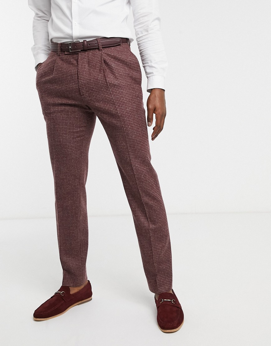 ASOS DESIGN slim suit trousers in burgundy and grey 100% lambswool puppytooth-Red
