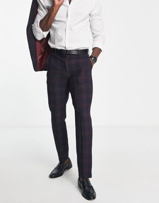 ASOS DESIGN slim suit trousers in burgundy blackwatch tartan check
