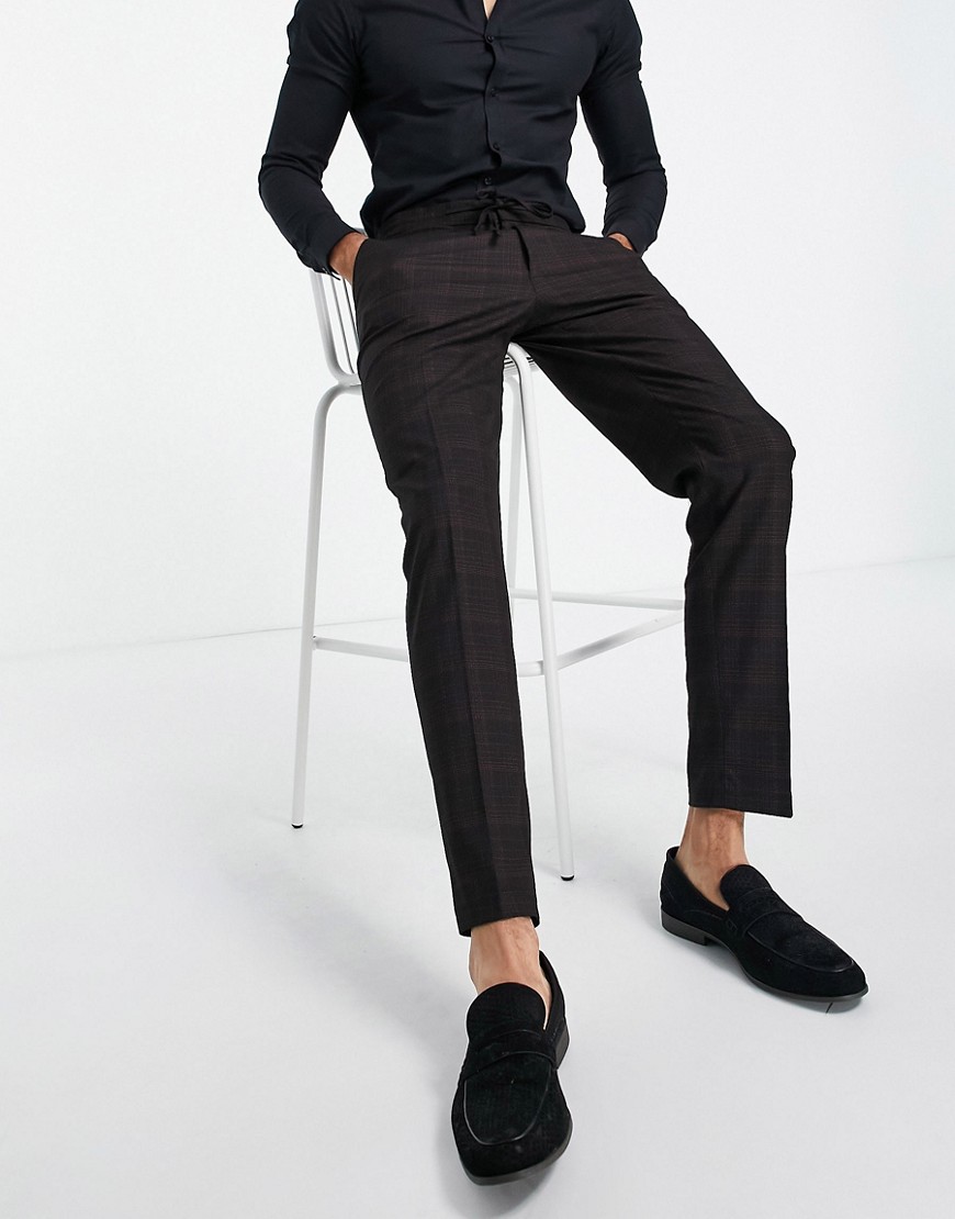 Asos Design Slim Suit Trousers In Cross Hatch Check In Navy With Drawcord Waist