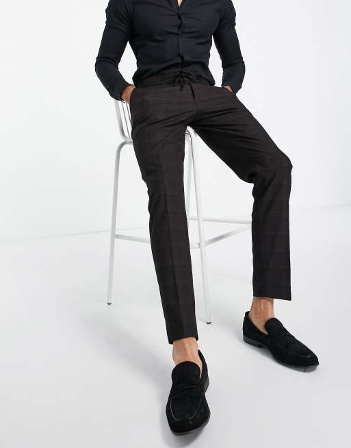 ASOS DESIGN slim suit trousers in cross hatch check in navy with drawcord waist