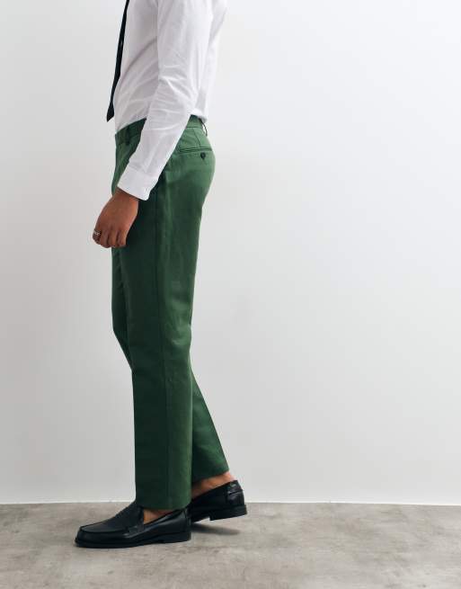 ASOS DESIGN slim suit trousers in linen rich dark green twill, 4 of 5