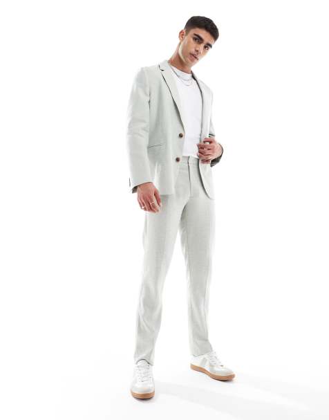 ASOS DESIGN slim suit trousers with linen in light green herringbone - view 1
